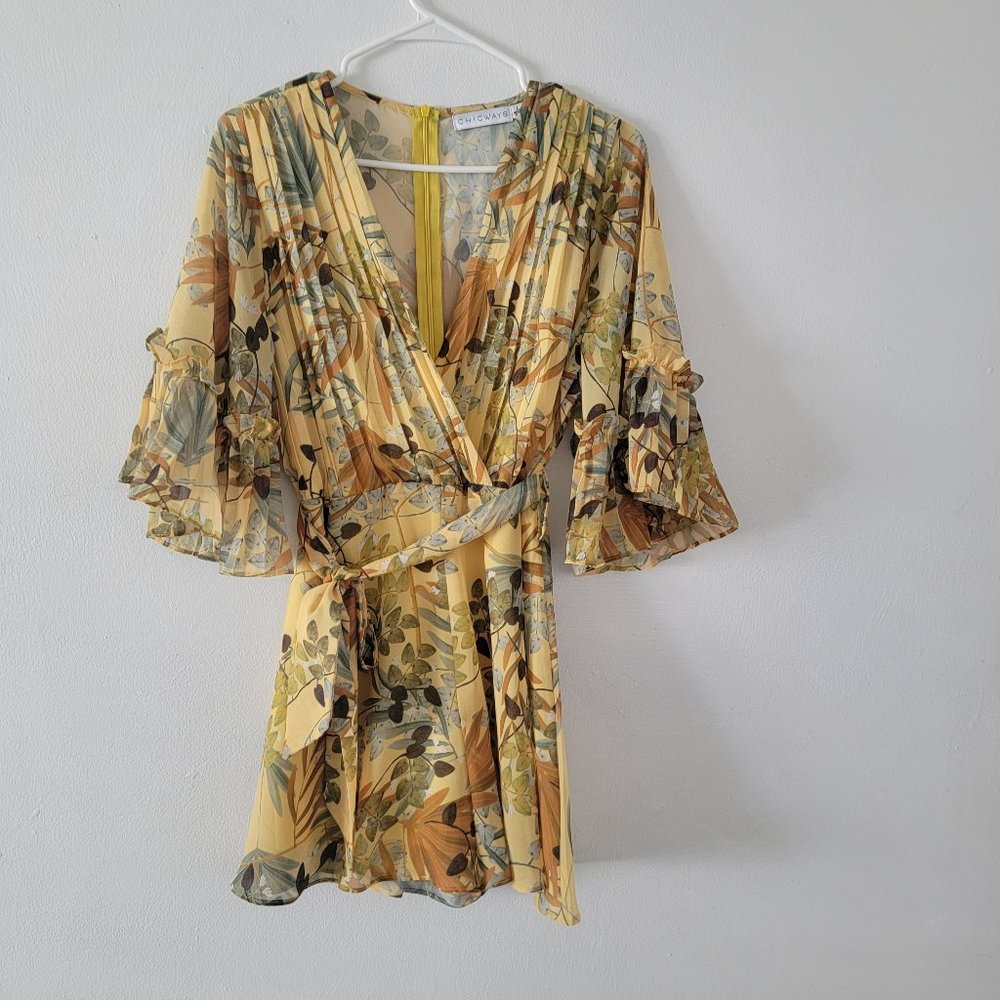 CHICWAY BRAND SHORTS JUMPSUIT, SIZE L, YELLOW COLOR WIT BROWN FLOWER